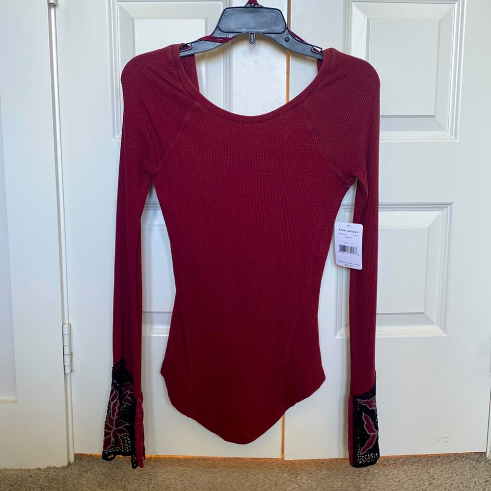 Free People, never been worn, maroon, knit sweater with crochet cuffs